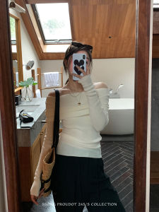 SSONG SONG One-Shoulder Knitwear Womens Spring New Gentle Slimming Base Long Sleeve Shoulder Bared Slim Fit Top