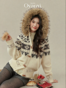OUYANGXI | Áo Sweater Hoodie Cổ Lông Oversized Cho Phụ Nữ Mùa Thu Đông