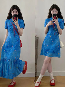 CAOZIMUYI | French Style Blue Floral V-Neck Dress