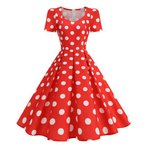 Junxi Wan | Vintage Polka Dot Summer Dress Women 50s Retro Elegant Short Sleeve A-Line Cocktail Dress for Weddings & Party