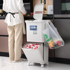 Kitchen sorting trash can Household double-layer dry and wet separation trash can with lid Large capacity trash can with wheels and pedals