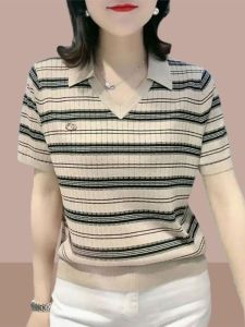Slimming Ice Silk Knitted Polo Neck Short Sleeve T-Shirt Womens Summer Casual Striped Top Korean Style Loose Fit Thin Model