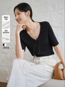 Yigue | Tencel New Chinese Style V-Neck Short Sleeve Top
