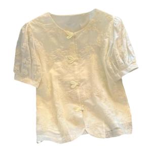 WANGGONGZHU | New Chinese Style Button Up Shirt Women Summer Thin Embroidered Short Sleeve Elegant Small Top Straight Cut Retro Commute Style
