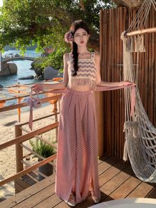 Original Sanya Seaside Vacation Style Show White Purple Color Pants Split Trousers Elastic Waist Mop Pants Yunnan Trip Shoot