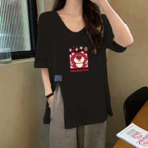 Loose Cotton Short Sleeve T-Shirt Women Summer New Style plus Size Mid-Length Asymmetrical Slit Design Sense Casual Top