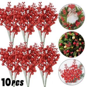 Polocat 5/10pcs Gold Powder Christmas Glitter Berries Stems 14 Heads Artificial Red Holly Berry Stamen Flowers Home Xmas New Year DIY Crafts