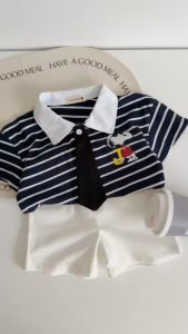 8kg - 28kg Set Polo áo kẻ sọc in hình Snoopy kèm Cà vạt cho bé trai