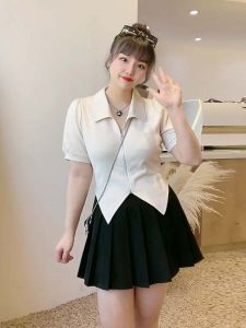 Large Size Womens Clothing French Style Niche Chic Top Womens Summer Slimming Irregular High-Grade Short Sleeve Shirt for Plump Girls