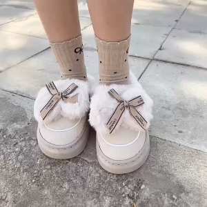 Dép bông nơ lông nhung đế dày dép đi trong nhà chống trơn trượt mùa đông ấm áp (TĂNG SIZE)