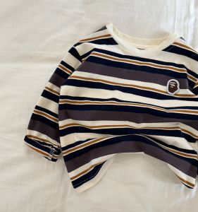 Spring Autumn Casual Striped Long Sleeve Pure Cotton Loose Childrens T-shirt round Neck Top for Boys And Girls