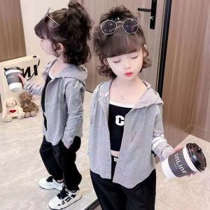 Girls Spring Autumn Thin Hooded Open Cardigan Jacket Childrens Clothing Cotton Blend Fabric Casual Style round Neck Single Button