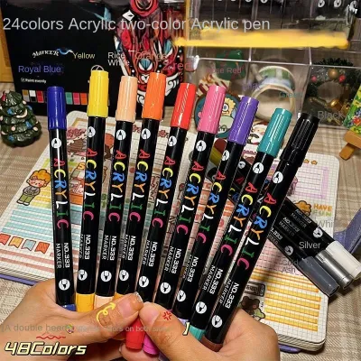 Professional Art Use 48-Color Acrylic Paint Markers Dual-Tip Fine and Brush Tip Pens Suitable for Stone Wood Calligraphy