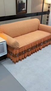 Universal Stretch Sofa Cover Spandex Seersucker Elastic Slipcover Full Sarung 1 2 3 Seater Skirt Striped Sarung Sofa