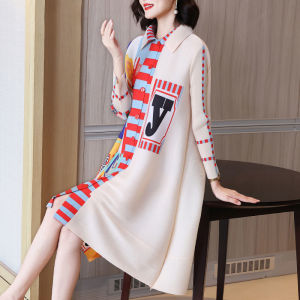 ※ Fashion print Miyake pleated shirtdress for women2022 new spring dress for age-reducing mother western dress plus size women