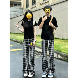 ZHUOCAN | Blue Checked Icy Silk Straight Leg Casual Pants