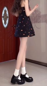 ชุดเดรสสั้นสีดำ ลายผลไม้สายเดี่ยว สายแบบผูกไหล่ ด้านหลังยางยืด กระโปรงทรงเอ ผ้าโพลิเอสเตอร์ ใส่สบาย Dress เดรสออกงาน #6629