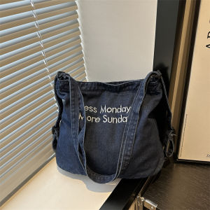 กระเป๋าผ้าใบเดนิมทรงโต้รุ่งสำหรับผู้หญิง กระเป๋าสะพายไหล่แบบอเนกประสงค์สำหรับเดินทาง กระเป๋าถือแบบมีซิป กระเป๋าสะพายข้างแบบอเนกประสงค์