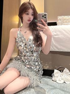 วันเกิดเป็นประกาย เดรส PATTY เซ็กซี่ เอวสูง กระโปรงรัดรูป เรียบหรู คอ ดีไซน์ เปลือยหลัง ผู้หญิง แฟชั่น ฤดูร้อน เดรส