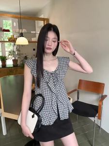 Áo Blouse Tay Xòe Họa Tiết Carô Retro