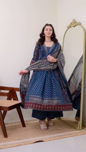 Ready Stock | Elegant 3pc Rayon Anarkali Set for Women | Printed Kurti Pants Dupatta | 3/4 Sleeve V Neck | Sizes S–2XL Ethnic Wear - Pre Order 23days - Fusioncloset