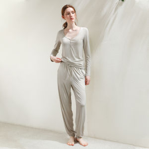 XEXZ | ชุดนอนคอวีเซ็กซี่สไตล์โมดอล ชุดนอนผู้หญิงฤดูใบไม้ผลิและฤดูใบไม้ร่วง ชุดนอนลำลองสำหรับใส่ในบ้าน ชุดนอนแขนยาว ชุดนอนผู้หญิง