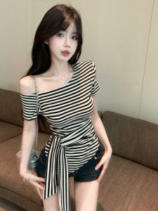 GUZILIAN | Slimming Effect Korean Style Summer New Design Off Shoulder Tie Waist T-Shirt Womens Casual Fashion Polyester Fiber Short Sleeve