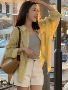 Summer Womens Sun Protection Shirt Loose Thin Outerwear French Style Casual Striped Button up Long Sleeve Polo Neck Top