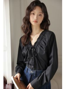 เรียบหรู คอวี สีขาว เสื้อเชิ้ต ผู้หญิง แฟชั่น ดีไซน์ สลิมฟิต แขนยาว ฤดูใบไม้ผลิ 2024 ผ้าสไตล์วินเทจฝรั่งเศส โพลีเอสเตอร์ ผ้าฝ้าย Blend