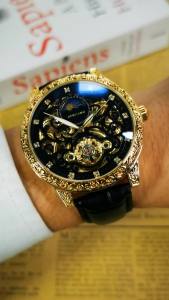 AOKULASIC | AOKULASIC Gold Engraved Automatic Mechanical Watch for Men Moon Phase Tourbillon Skeleton Watches Leather Strap Wristwatches New