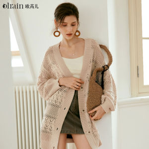 เสื้อคาร์ดิแกนถักสไตล์ฝรั่งเศส OLrain สำหรับผู้หญิง เสื้อคลุมยาวปานกลาง แขนยาว ปกเปิด คอวี ทรงหลวม สไตล์เรียบง่าย ฤดูใบไม้ผลิ 2024