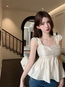 GUZILIAN | French Elegant Sweet Design Strap Top Korean Version Knot Waist Short Womens Shirt Commute Style Slimming Pure Color