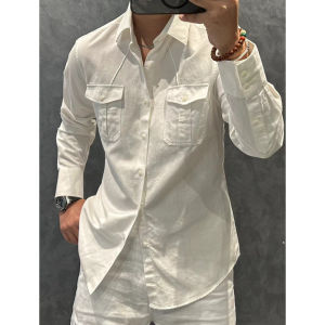 เสื้อเชิ้ตแขนยาวผ้าลินินระดับไฮเอนด์สำหรับผู้ชาย ทรงเข้ารูป ใส่สบาย คอกลม สไตล์ลำลอง ฤดูใบไม้ผลิและฤดูร้อน