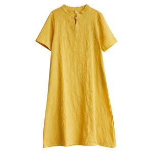 Summer Loose Cotton Linen Dress Womens Short Sleeve Qipao plus Size A-Line Long Dress Belly Cover up Slimming Effect
