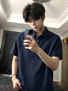 OUMULONG | Navy Blue Regular Shoulder Deconstructed Collar Spliced Polo Shirt Short Sleeve