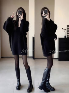 XUECAIQI | Relaxed Fit Black V-Neck Loose Sweater