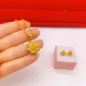 (3 sets) pure 18k Saudi gold pawnable legit necklace bauhinia pendant set womens wedding jewelry for girlfriends gift