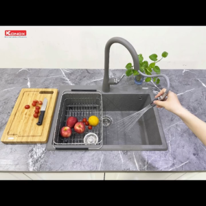 Chậu rửa bát đá granite Konox Ruvita 680 white black grey nano Ag kháng khuẩn cao cấp an toàn
