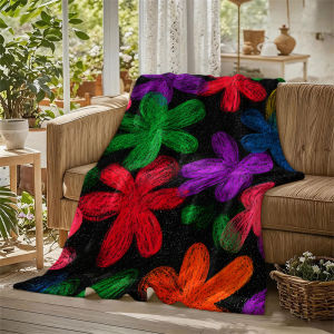 Crayon Flowers Glitter Black Flannel Blanket Perfect for Sofa Office Bed Travel Sleep Read Relax Camping Four Season Use