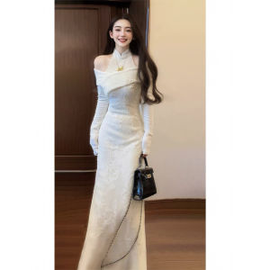 New Chinese Style Elegantly Modified Cheongsam Knitted Long Dress Womens Fashion Shoulder Bared Waist Inward Spring Autumn New Model
