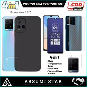 PROMO PAKET 4 IN 1 CASE VIVO Y21 / Y21S / Y21A / Y21T / Y21E / Y21G / Y33S / Y33T SOFTCASE SLIM BLACK MATTE LIQUIT + ANTI GORES CERAMIC MATTE ANTI SPY + SKIN CAMERA LENS + GARSKIN CARBON 3D