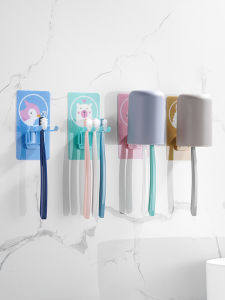 Bathroom Cartoon Toothbrush Holder Wall Mounted No Drilling Toothbrush Cup Storage Rack Mouth Rinse Cup Toilet Toothbrush Organizer