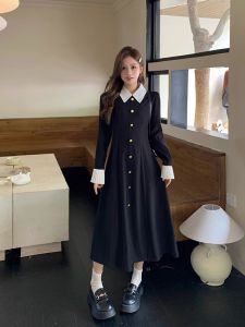 plus Size French Style Little Black Dress with Doll Collar Long Sleeve High Waist A-Line Midi Dress for plus Size Women