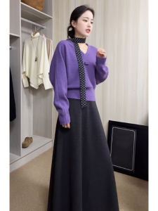 YUEZHONGWEI | French V-Neck Polka Dot Scarf Tied Purple Sweater