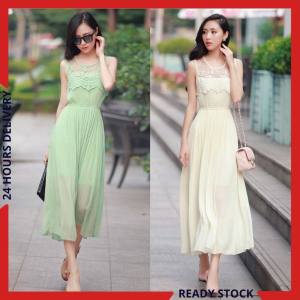 CFBOUTIQUE Korean Style Women Fashion Lace Panel Pleated Sleeveless Lace Long Summer Dress