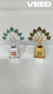 Metal Mini Tulsi Plant with Swastik Base | Gold Plated Vastu Tree for Home Office Pooja Room & Car Dashboard Décor (Height - 2.5 Inch | Pack of 1)