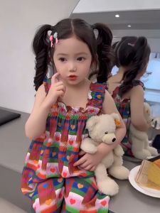 ชุดเอี๊ยมลายสก๊อตสำหรับเด็กผู้หญิงเวอร์ชั่นเกาหลี จั๊มสูทหลวมสำหรับเด็กผู้หญิงในฤดูร้อน