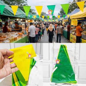 flag spunbound segitiga hijau kuning banner triangle gantungan renteng hiasan puasa takjil bazar lebaran idul fitri lomba aksesoris atap gantung tempel anti air praktis siap pakai kain ramadhan ramadan eid mubarak