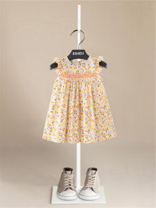BEMIDJI Summer New Romantic Yellow Floral Princess Dress for Girls Pure Cotton Childrens Dress Elegant Sweet Style Cotton Dress