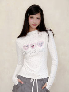 KiraYura Original Bear Sparkle Letter Print Long Sleeve Slim Fit T-Shirt Full Print Polka Dot Star Design Cotton Spandex